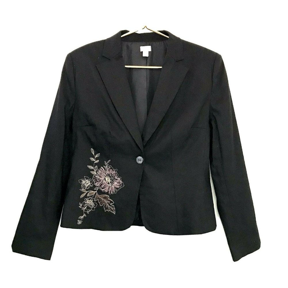 Apt 9 Embroidered Floral Blazer Jacket 12P Petite Linen Blnd Boho Black Pink EUC